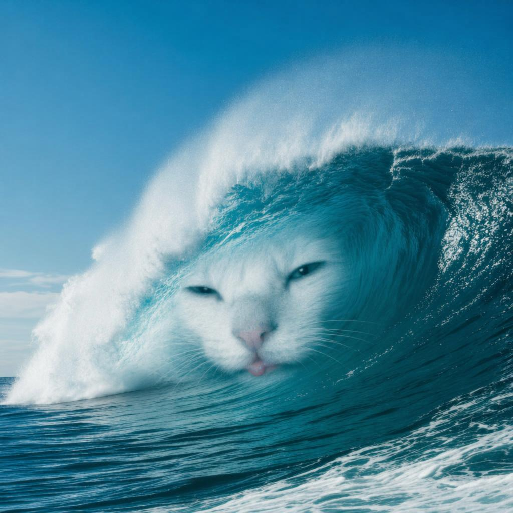 A giant ocean wave shaped like a calm cat face